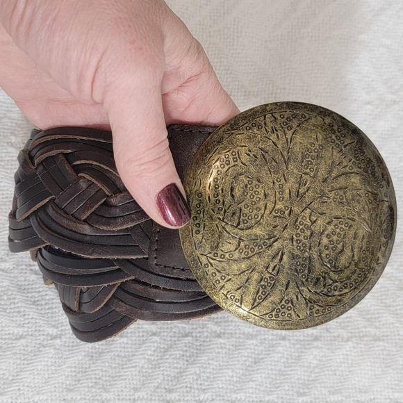 Vintage OLD NAVY Braided Leather Belt Dark Brown Brass Medallion Plate Buckle S - Picture 12 of 13